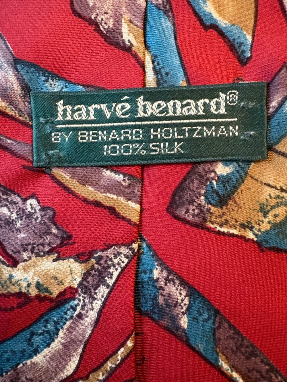Vintage Harvé Benard 100% Silk Abstract Pattern Tie Red Blue Gold